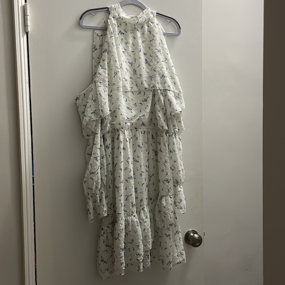 Fashion Poet clip dot cold shoulder ruffle long sleeve dress in white multicolor - Picture 1 of 9